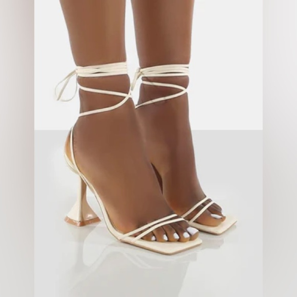 PUBLIC DESIRE Dymond Off White Lace Up Square Toe Cake Stand Heels